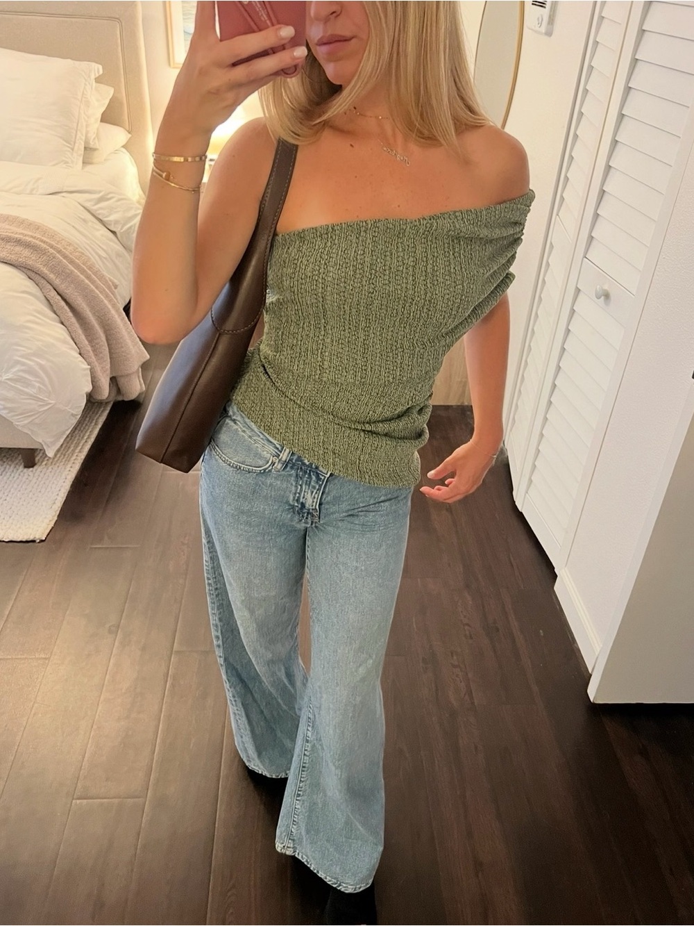 Zara Olive Green Off-Shoulder Knit Top